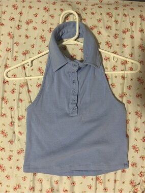Garage Light Blue Ribbed Halter Polo Tank